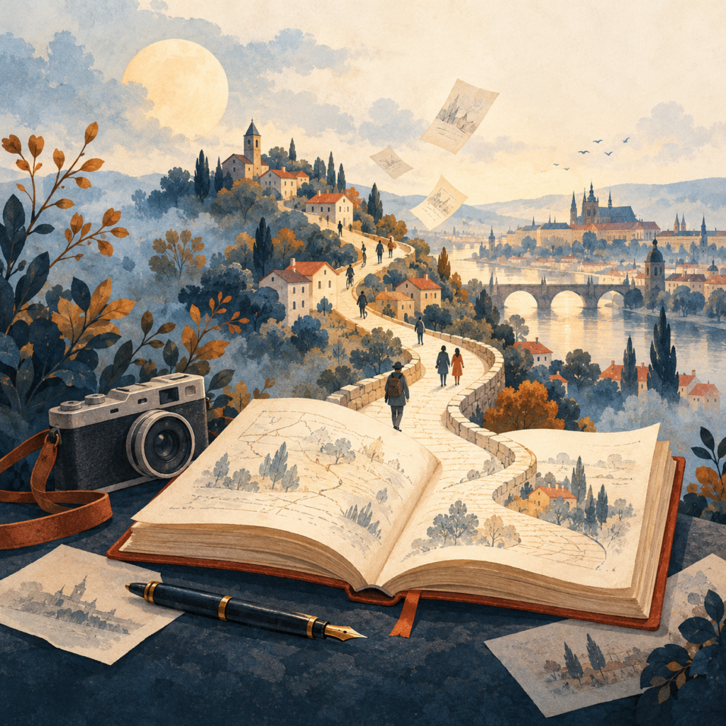 Ilustrácia knihy reportáží: otvorená kniha s cestou do krajiny, fotoaparát a pero.